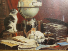 VERKOCHT Antieke prent "Wereldreizigers" met poezen en kittens - uit 1883  - 50x 40 cm