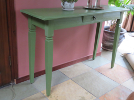 verkocht* Brocante teakhouten sidetable wandtafel olijfgroen, 1.20 m