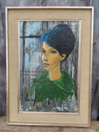 VERKOCHT Olieverf op hout, jonge vrouw in de jaren '60; 62 x 45 cm
