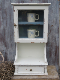 VERKOCHT Oud brocante Frans houten kastje met glas en lade