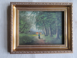 VERKOCHT Oud schilderij olieverf op hout - landschap - bospad naar een huis - 32x26 cm