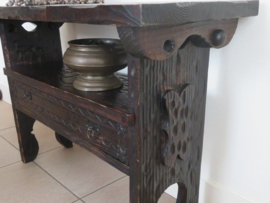 VERKOCHT Antieke houten klepbank tafel sidetable bankje - met lade en rugleuning