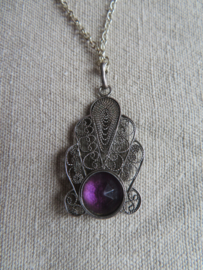 VERKOCHT Vintage zilveren filigrain hanger met amethist (zonder ketting)