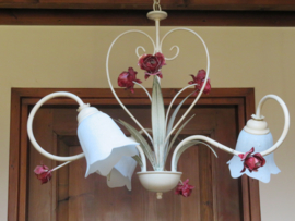 VERKOCHT Brocante Franse hanglamp met glazen kelken, 3-lichts