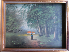 VERKOCHT Oud schilderij olieverf op hout - landschap - bospad naar een huis - 32x26 cm