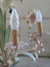 VERKOCHT Brocante Franse metalen bloemenlamp hanglamp - 5-lichts