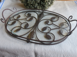 Brocante bruin ijzeren dienblad met glas - 47 x 30 cm