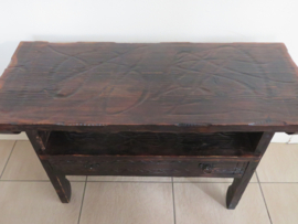 VERKOCHT Antieke houten klepbank tafel sidetable bankje - met lade en rugleuning