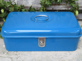 verkocht* Oude blauwe emaille broodtrommel