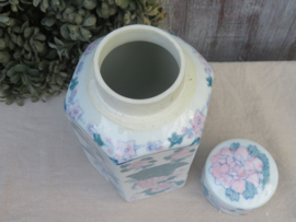 Vintage Chinese aardewerk voorraadpot dekselpot 6-kantig