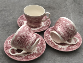 English Ironstone theekopjes landschap roze-rood