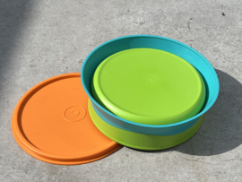 Tupperware kinderbordje met deksel blauw-groen-oranje