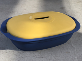 Vintage Tupperware bewaardoos geel-blauw