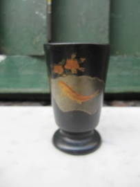 Antique wooden hand painted cup with fish and bird