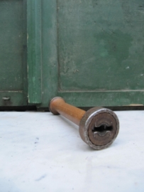 French Narrow old wooden thread spool with metal