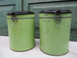 Brocante set of 2 large green cans with bakelite lid.