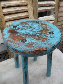 Frans brocante rond houten krukje in turquoise
