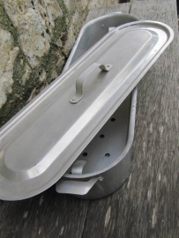 Old big alumium fish pot with lid.