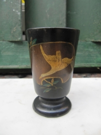 Antique wooden hand painted cup with fish and bird