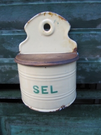 Oude emaille Franse zoutbak met groen opschrift "Sel"