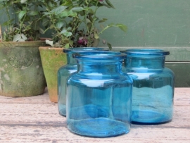 Brocante glass blue jars with wide neck