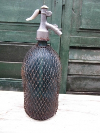 Old blue brocante spray bottle 1 liter with gauze