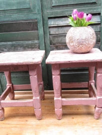 Very nice brocante wooden stool with pink ornamental feet