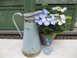 French brocante light blue enamel jug.