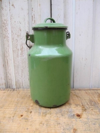 Enamel green bucket with lid.