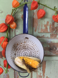 Brocante emaille vergiet met steel