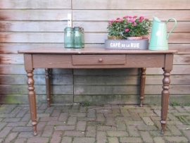 French brocante brown table with drawer