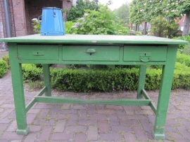 Cute old green wooden table with three drawers