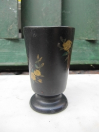 Antique wooden hand painted cup with fish and bird