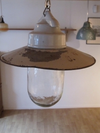Ancient brocante industrial lamp with porcelain base