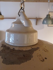 Ancient brocante industrial lamp with porcelain base