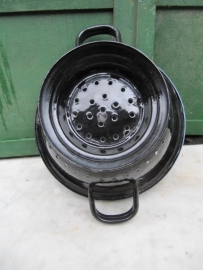 Cute old black enamel colander with lavender inside