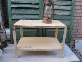 Beautiful brocante metal factory table with wooden shelves
