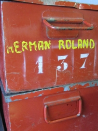 Industrial metal box with fun numbers red / orange