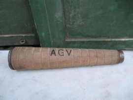 Old wooden high thread spool with the letters AGV