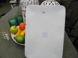Emaille dienbladje wit met blauwrandje