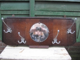 Brocante wooden coat rack with mirror and 4 hooks.
