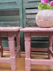 Very nice brocante wooden stool with pink ornamental feet