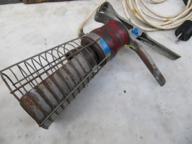 English brocante inspection lamp with wooden base