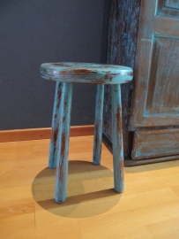 Frans brocante rond houten krukje in turquoise