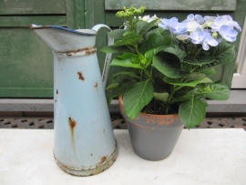 French brocante light blue enamel jug.
