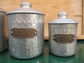 Franse brocante set van 4 aluminium voorraadblikjes