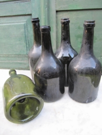 Antique green wine bottles set of 5 pieces