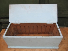 Old wooden lavender coloured box with hinged lid