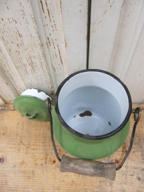 Enamel green bucket with lid.