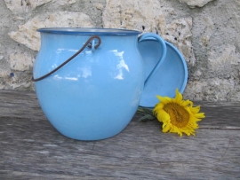 Brocante emaille Franse grote pot met deksel en oor